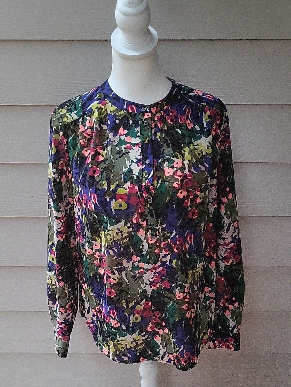 J.Crew Floral Abstract Print Tunic Blouse Green Blue Long Sleeve Size Small